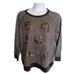 Apt 9 gray marble knit sweatshirt with black and gold rose appliqué size XL